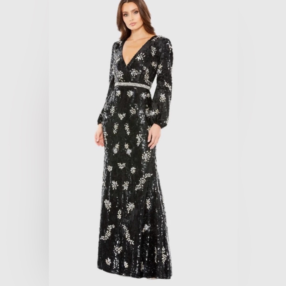 Mac Duggal Black and Silver Sequin Bishop Long Sleeve Gown